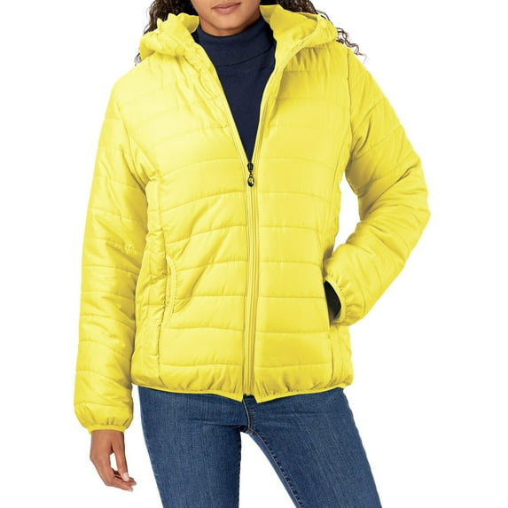 Sopiago Womens Casual Puffer Jacket Long Sleeve Full Zip Padded Winter Warm Coat with Hood Yellow,M