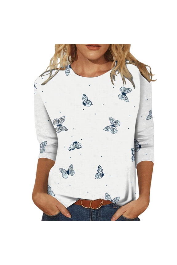 Womens Clothes Department Women's Geometric Patterns T-Shirt 3/4 Sleeves Blouse Crew Neck Casual Tops Summer White,2XL