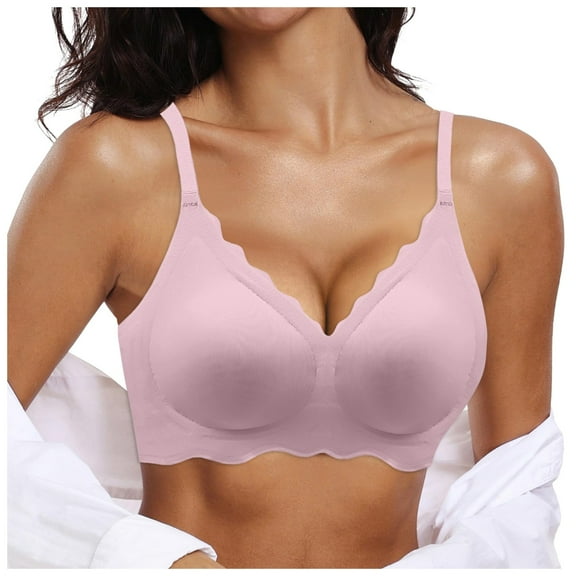 Sopiago Womens Comfortable Wireless Bras Push Up Seamless Bralettes Soft V Neck Brassiere Scalloped Full Coverage Everyday Bra Pink,XL