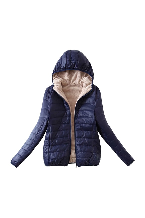 Womens Fleece Lightweight Full-Zip Puffer Jacket with Hood Quilted Winter Puffer Coat Women Blue,M