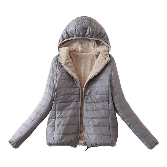 Sopiago Womens Fleece Lightweight Full-Zip Puffer Jacket with Hood Quilted Winter Puffer Coat Women Grey,M