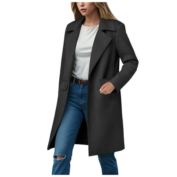 Sopiago Womens Peacoat Long Sleeve Lapel Pockets Loose Fit Work Casual Long Blazers Wool Coats for Women Black,M