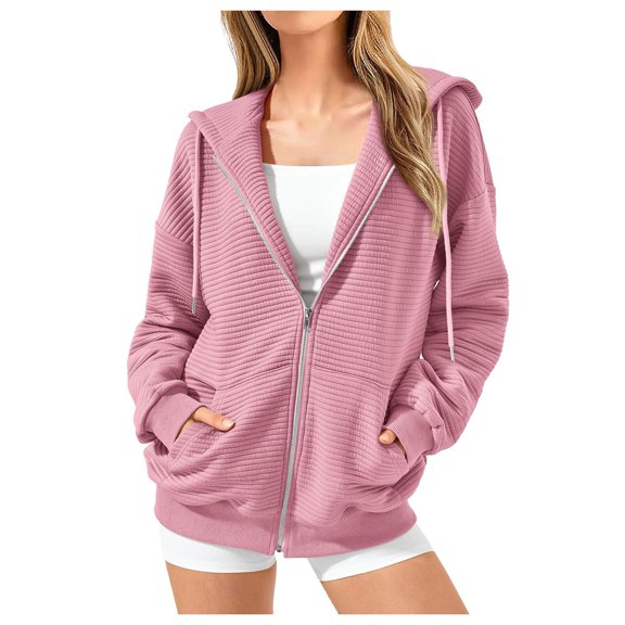 Sopiago Zip Up Hoodie Women Long Sleeve Sweatshirts Fall Outfits 2024 Oversized Hoodies Casual Fashion Jackets Pink,S