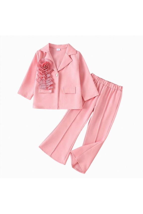 Sopigao Girl's Formal Wear 2 Piece Outfits Button Ruffle Hem Puff Sleeve Blazer and Flare Pants Suit Set(Pink,4-5 Years)