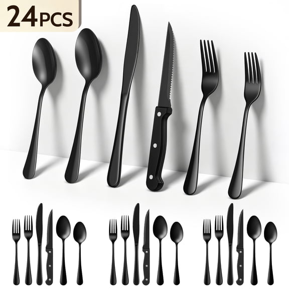 Sopito Silverware Sets, 24‑Piece Stainless Steel Flatware Cutlery Utensil Sets for 4, with Steak Knives, for Household & Restaurant Use, Black