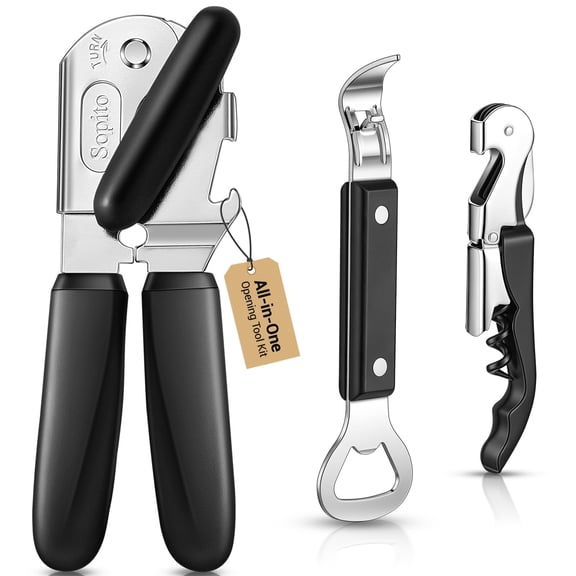 Sopito Magnetic Manual Can Opener 3-Piece Kitchen Tool Set, Stainless Steel Wine Cork Screw Jar Beer Bottle Opener for Home Camping