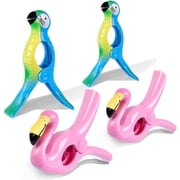 Sopito Beach Towel Clips, Jumbo Size Towel Clips for Beach Chairs Cruise Patio and Pool Accessories, Set of 4 (Flamingo Parrot)