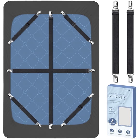 Sopito Bed Sheet Fasteners, 8pcs Adjustable Max Stretches to 26.8 in Holder Straps Non Slip Straps with Clips to Keep Sheets Firm & Tight, Universal & Black