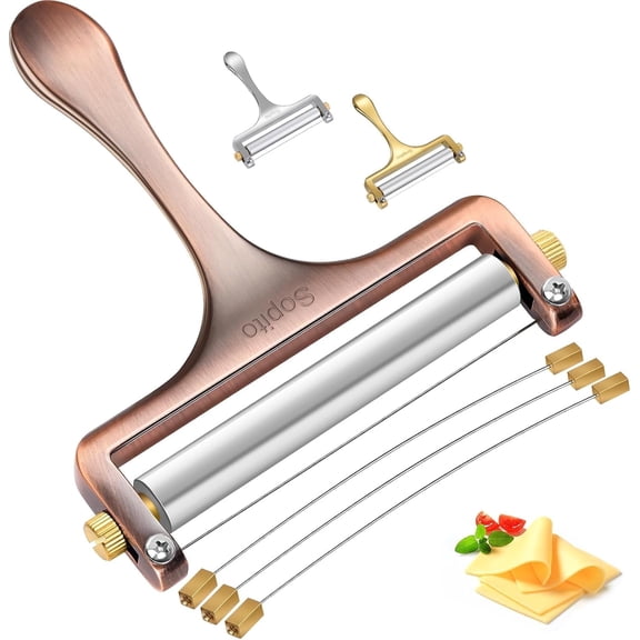 Sopito Cheese Slicer Stainless Steel with 3 Extra Wires Great for Cheddar, Gruyere, Raclette, Mozzarella Cheese Block, Adjustable Thickness, Copper
