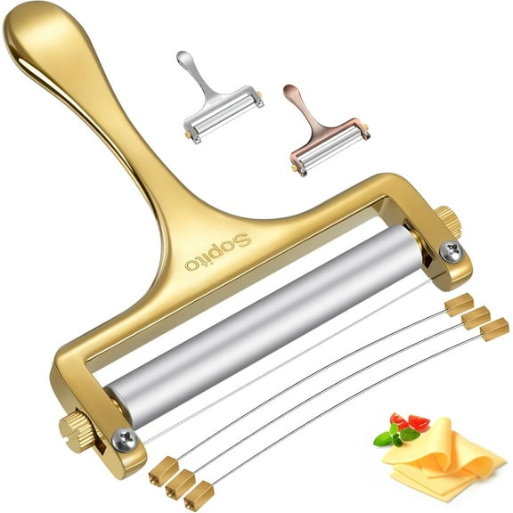 Sopito Cheese Slicer Stainless Steel with 3 Extra Wires Great for Cheddar, Gruyere, Raclette, Mozzarella Cheese Block, Gold