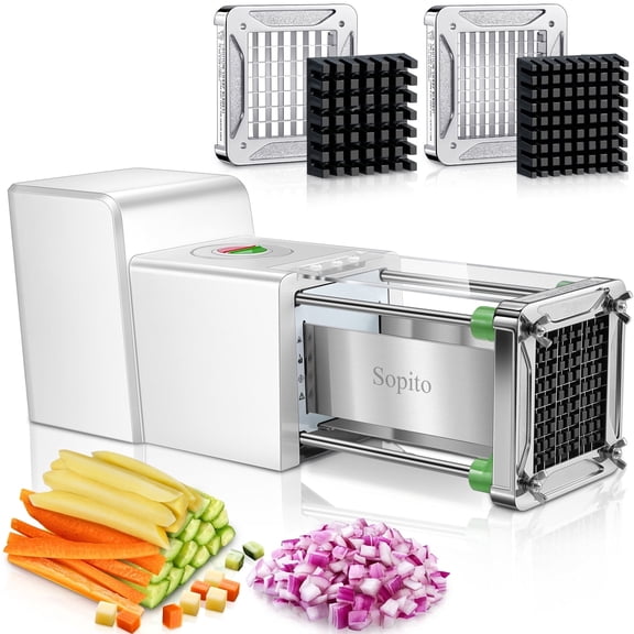 Open Box Sopito Electric Potato Cutter, Stainless Steel French Fry Cutter with 1/2in Blade & 3/8in Blade Great for Potatoes Cucumbers CarrotsWhite and Green