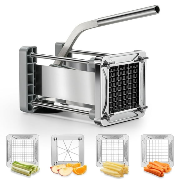 Sopito French Fry Cutter, Stainless Steel Professional Potato Cutter with 1/2inch, 3/8inch, 1/4inch Blade and 8-Wedge Slicer