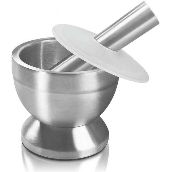 Sopito Mortar and Pestle, 18/8 Stainless Steel Spice Grinder Pill Crusher with Lid Ergonomic Design with Anti Slip Base and Comfy Grip