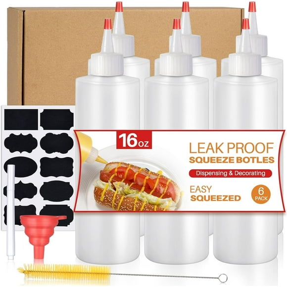 Sopito Squeeze Bottles, 16oz Plastic Condiment Squeeze Bottles with Labels & Funnels & Brusher for Liquids Sauces Ketchup Oil, 6 Packs