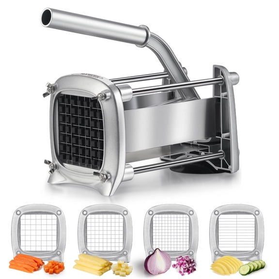 Sopito Professional Stainless Steel Potato Cutter, Heavy Duty French Fry Cutter with Non-Slip Suction Base, 1/2", 3/8", 1/4" & Slicing Blades for Potatoes, Carrots, Vegetables