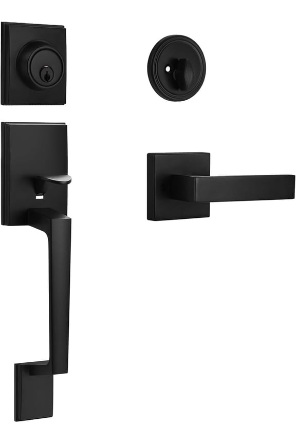 Sopoby Matte Black Front Door Handle and Single Cylinder Deadbolt Combo Set, Exterior Lever, Heavy Duty Modern Lock Reversible for Right & Left