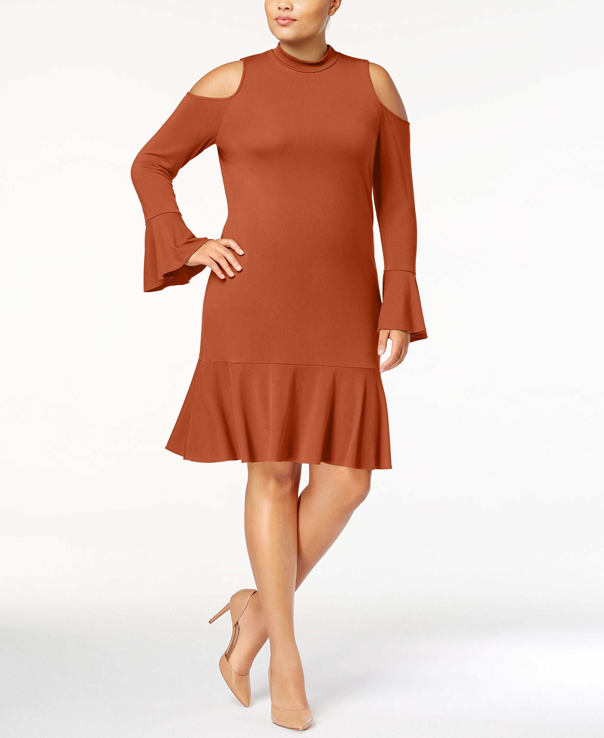 Plus Size Cold Shoulder Ruffle Hem Scoop Neck Dress