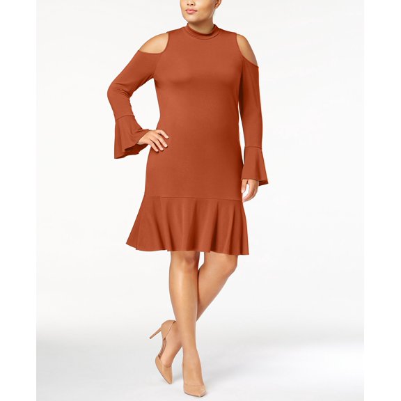 Soprano Trendy Plus Size Ruffled Cold Shoulder Dress Henna 1X