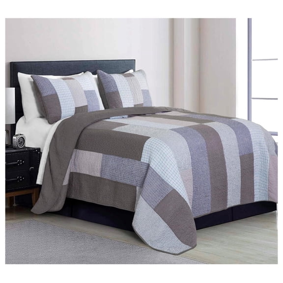 Sora 3-Piece Plaid Checkered Grid Patchwork Stripe Quilt Set - Soft Lightweight 100% Washed Cotton Bedspread for All Season, Queen Size