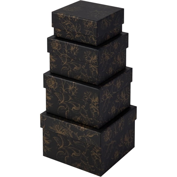 Sorarto Square Gift Boxes with Lids 4pc Set | Black Gold Floral Nesting Gift Boxes for Presents Birthday Wedding Bridesmaid Christmas