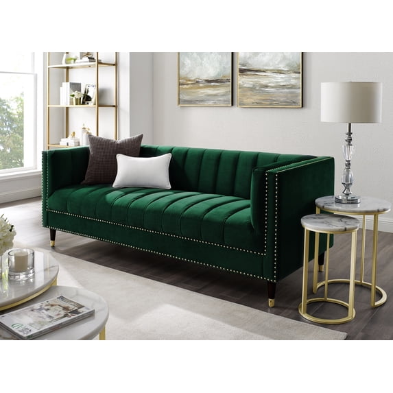 Posh Living Soraya Tufted Velvet Sofa with Nailhead Trim in Hunter Green/Gold