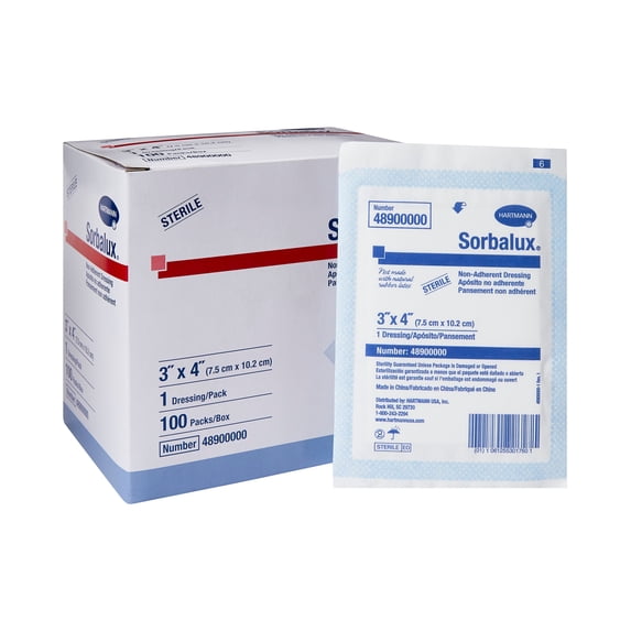 Sorbalux Non-Adherent Dressing, Sterile, Rayon / Polyester, 3 in x 4 in, 100 Count, 1 Pack