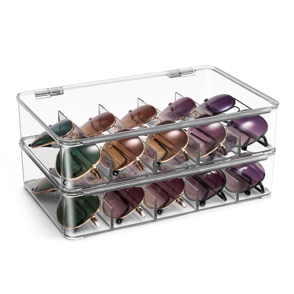 SorbuSorbus Sunglasses Organizer - Acrylic Stackable Eyeglass, Reading glass, Sunglass Case Storage Organizer with Hinged Lid, Clear, 5 Sections (2 Pack)