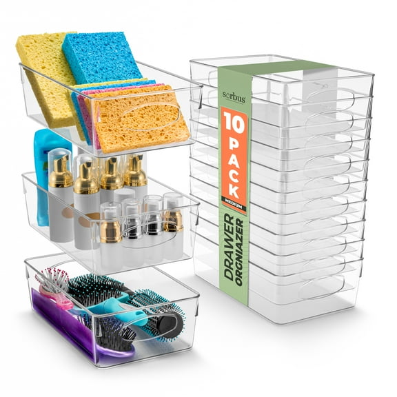 Sorbus 10 Pack Medium Clear Plastic Storage Bins, Clear Organizer Bins with Handle for Kitchen, Pantry, Cabinet, Refrigerator, Craft, Toys, Clothes, Closet, Under Sink, Bathroom Organizers