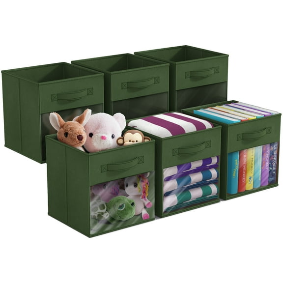 Sorbus 11” Foldable Storage Bins with Clear Window – Set of 6 Collapsible Fabric Baskets with Handles for Clothes, Toys, Books – Sturdy Organizer Cubes for Shelves & Closets, Dark Green