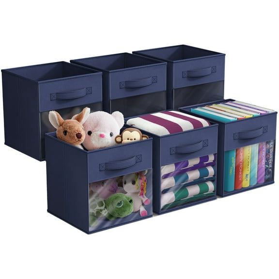 Sorbus 11” Foldable Storage Bins with Clear Window – Set of 6 Collapsible Fabric Baskets with Handles for Clothes, Toys, Books – Sturdy Organizer Cubes for Shelves & Closets, Navy Blue