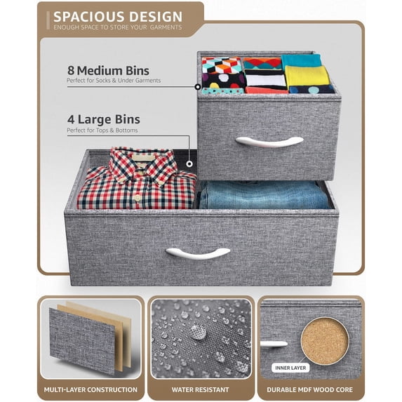 Sorbus 12 Drawer Dresser Organizer Large Bedroom Organization, Clothes Storage Drawers, Closet Organizer, Tall Dresser for Living Room, Office, Easy Pull Fabric Bins - Wooden Handle (White)