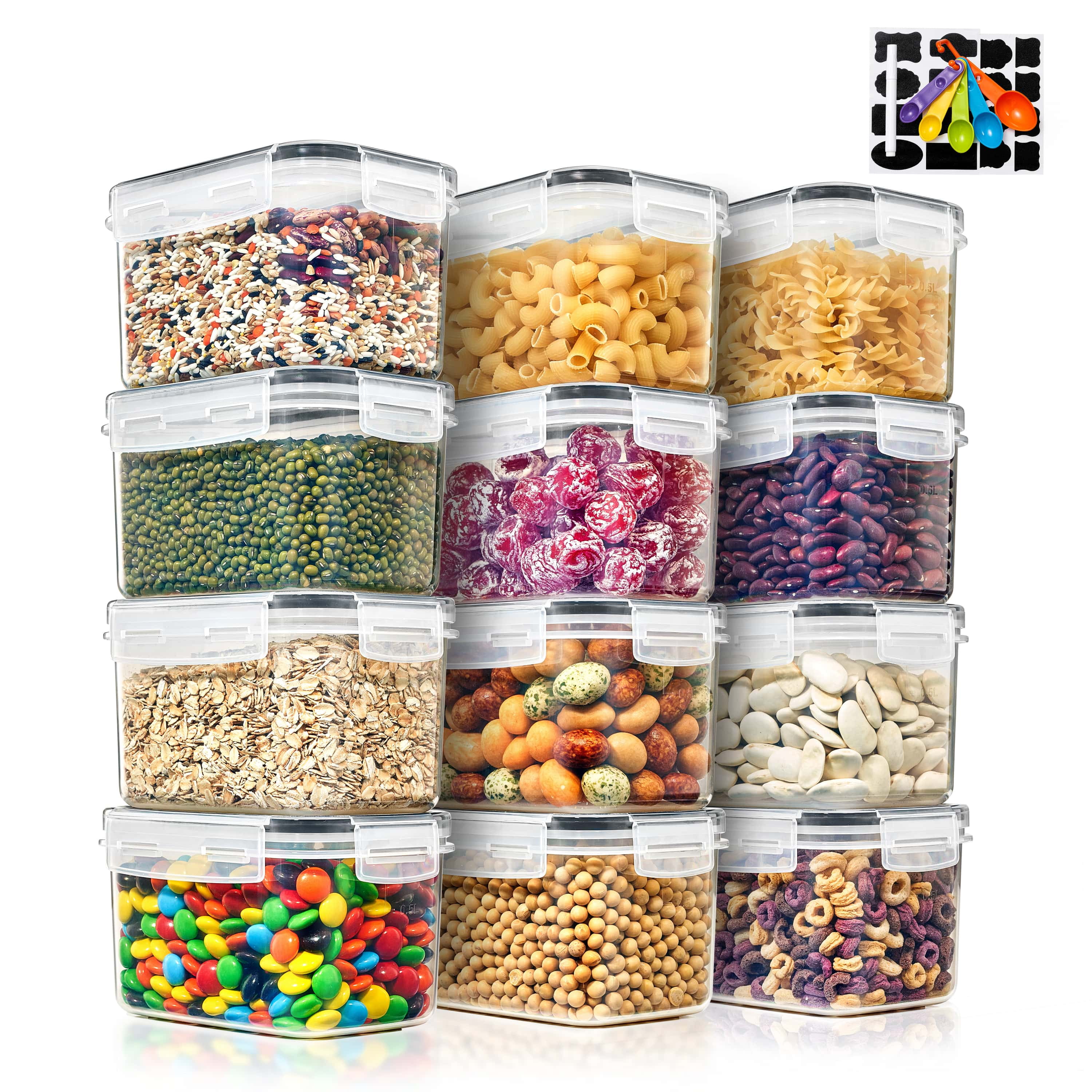 Sorbus 12-Pack Airtight Food Storage Containers 0.8L Clear w/ Lids, Labels & Spoons