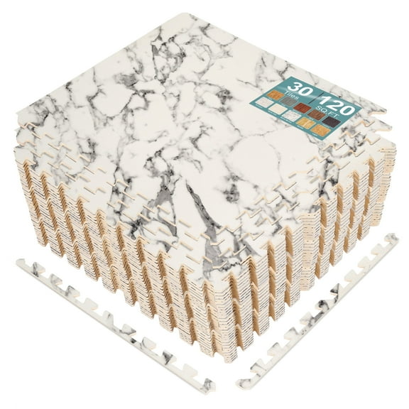 Sorbus 120Sq. Ft. White Marble Wood Grain Foam Interlocking Floor Tiles 3/8-Inch Thick 30 pcs w/ Borders