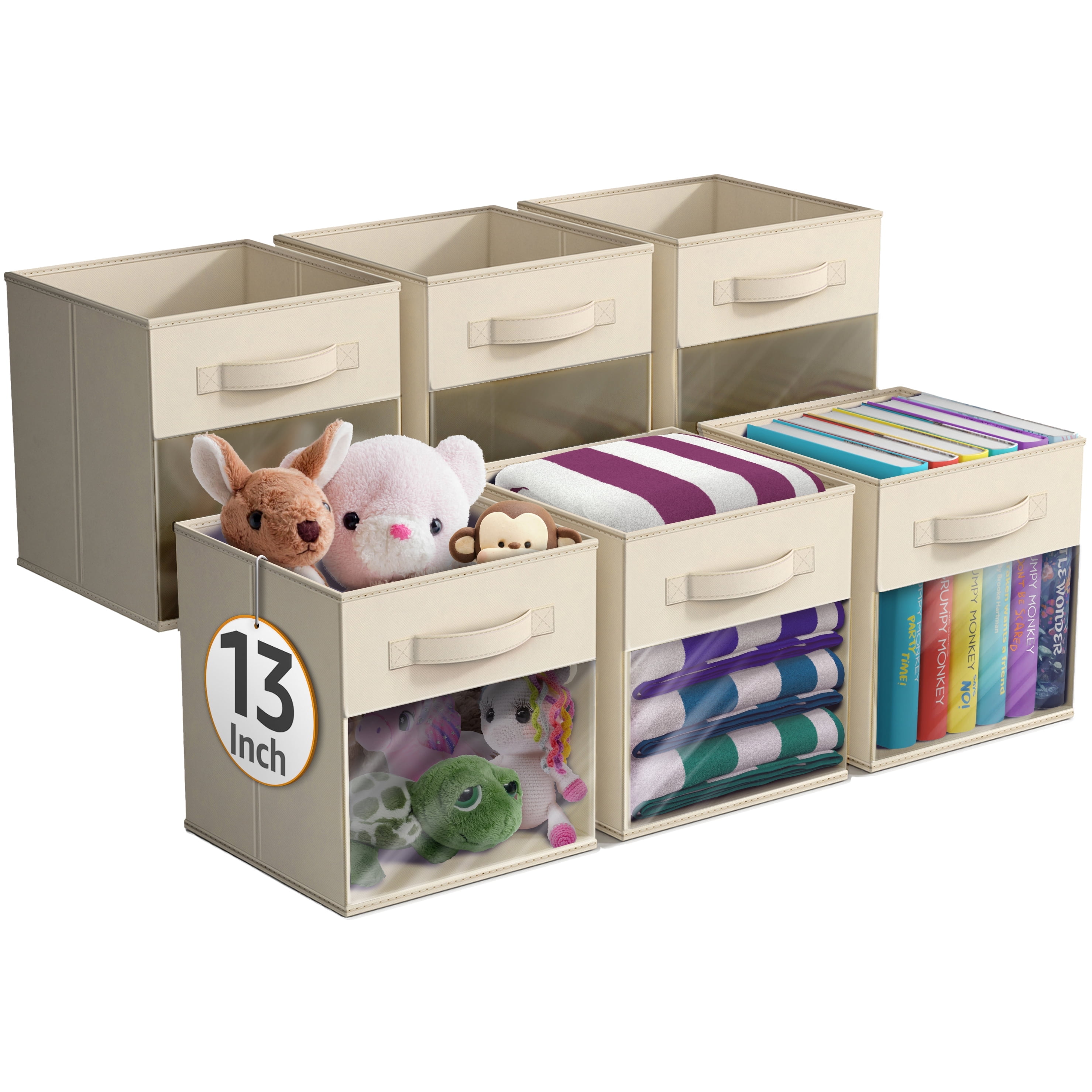 Sorbus 13” Foldable Storage Bins with Clear Window – Set of 6 Collapsible Fabric Baskets with Handles for Clothes, Toys, Books – Sturdy Organizer Cubes for Shelves & Closets, Beige