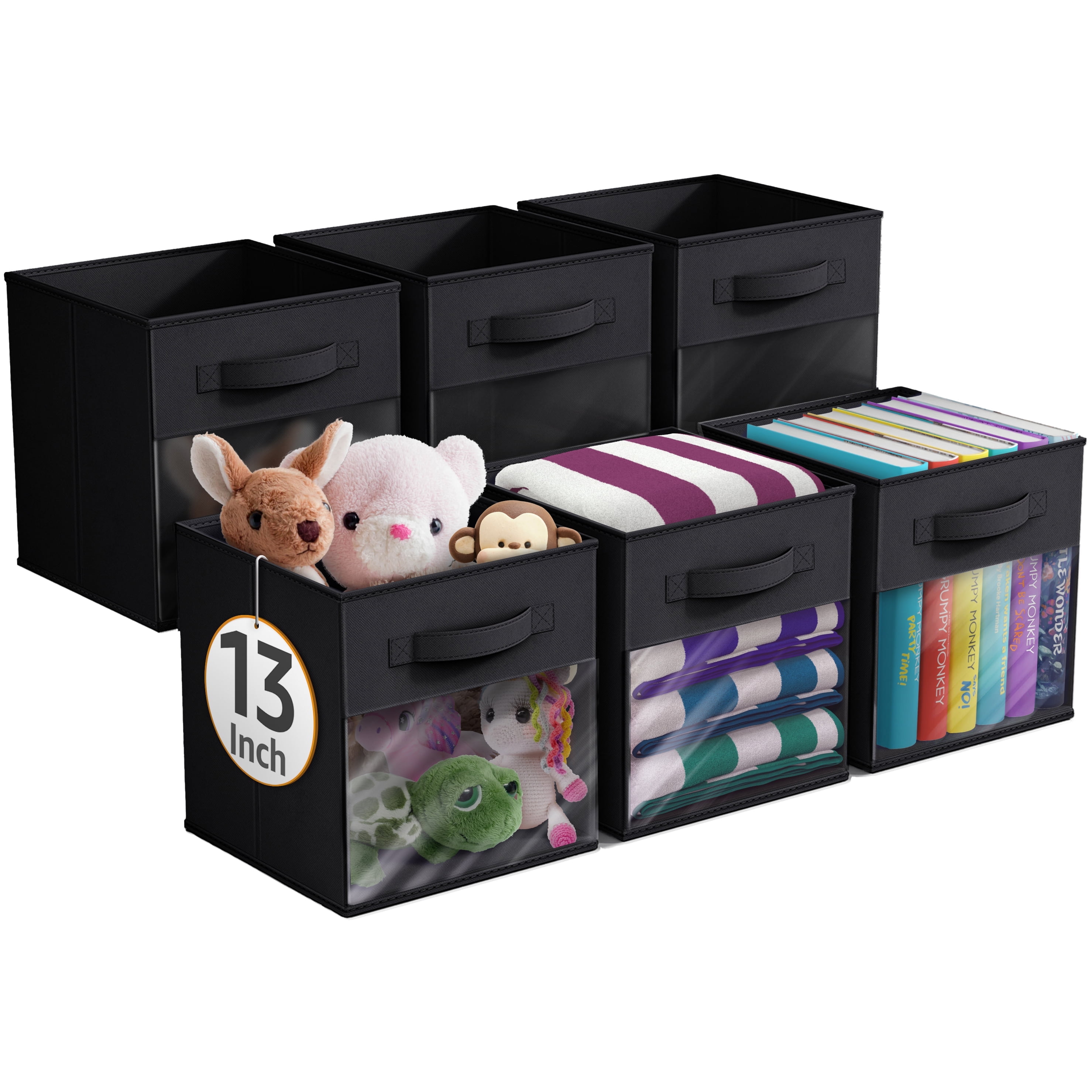 Sorbus 13” Foldable Storage Bins with Clear Window – Set of 6 Collapsible Fabric Baskets with Handles for Clothes, Toys, Books – Sturdy Organizer Cubes for Shelves & Closets, Black