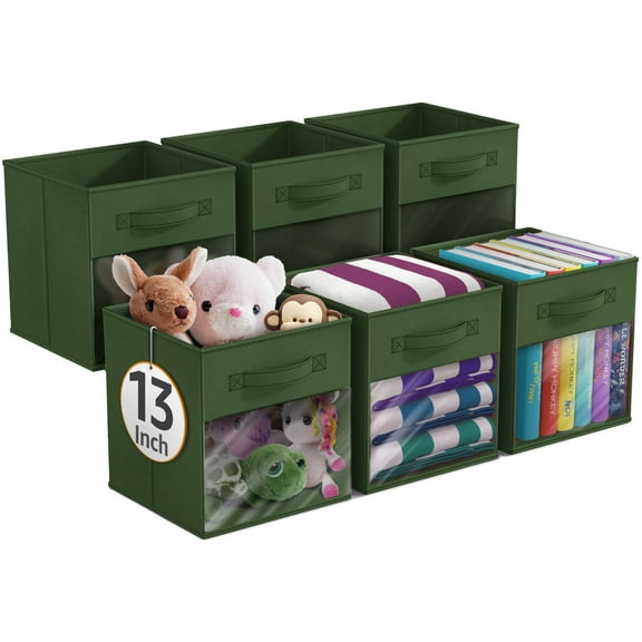 Sorbus 13” Foldable Storage Bins with Clear Window – Set of 6 Collapsible Fabric Baskets with Handles for Clothes, Toys, Books – Sturdy Organizer Cubes for Shelves & Closets, Dark Green