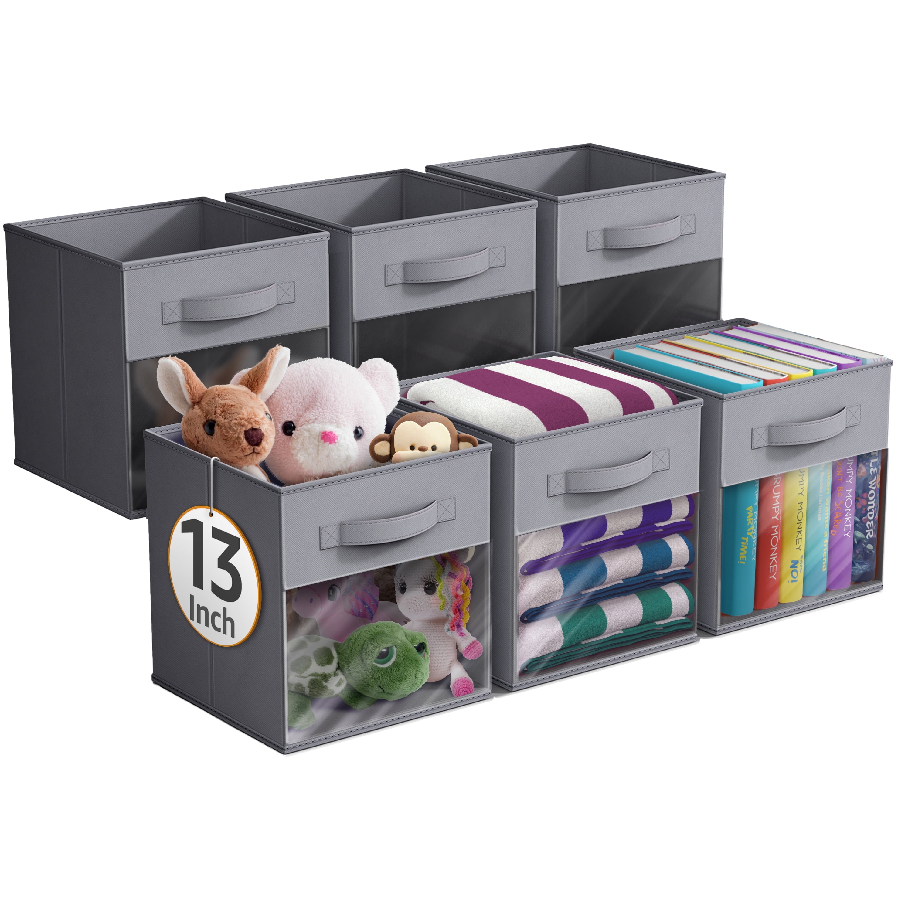Sorbus 13” Foldable Storage Bins with Clear Window – Set of 6 Collapsible Fabric Baskets with Handles for Clothes, Toys, Books – Sturdy Organizer Cubes for Shelves & Closets, Gray