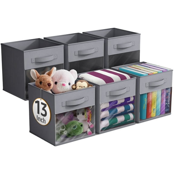 Sorbus 13” Foldable Storage Bins with Clear Window – Set of 6 Collapsible Fabric Baskets with Handles for Clothes, Toys, Books – Sturdy Organizer Cubes for Shelves & Closets, Gray
