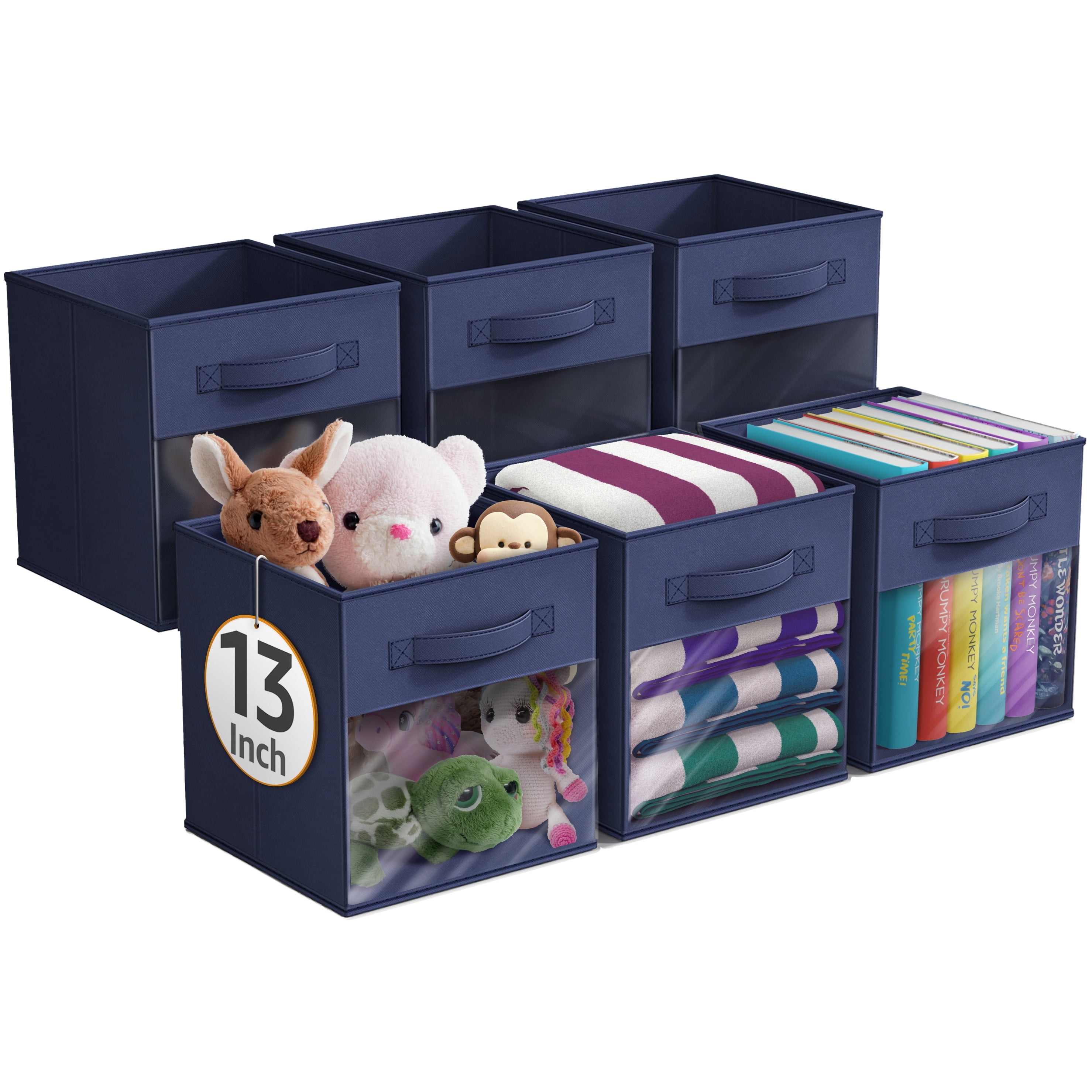 Sorbus 13” Foldable Storage Bins with Clear Window – Set of 6 Collapsible Fabric Baskets with Handles for Clothes, Toys, Books – Sturdy Organizer Cubes for Shelves & Closets, Navy Blue
