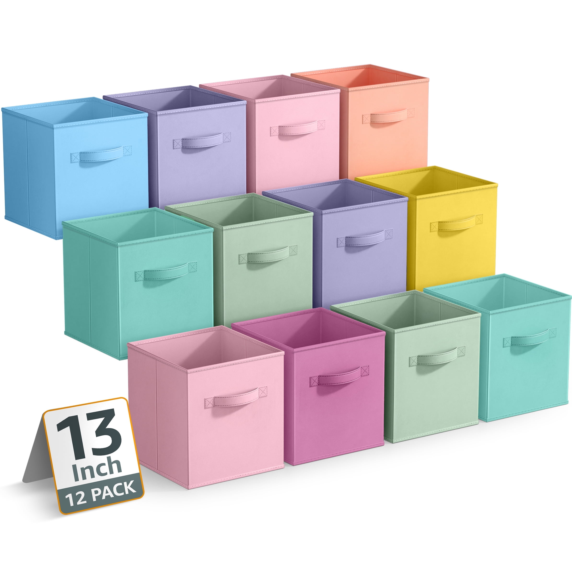 Sorbus 13 Inch Storage Bins - Sturdy Collapsible Fabric Storage Cubes with Handle - 12 Foldable Baskets for Organizing Clothes, Toys, Books, Shelves, Kids Room, Closets, Pastel Multi Color