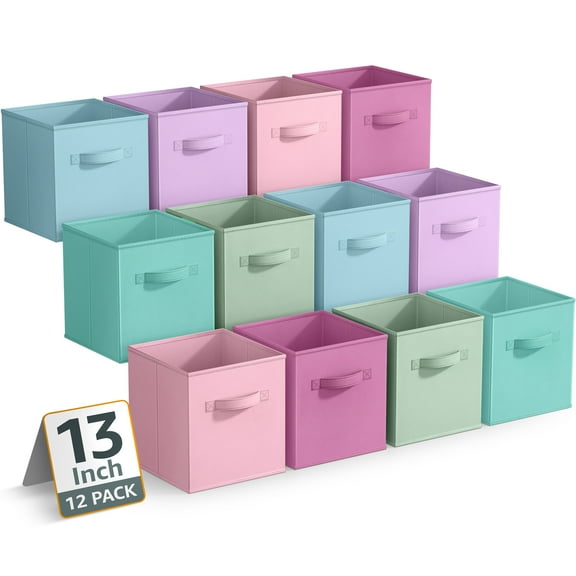 Sorbus 13 Inch Storage Bins - Sturdy Collapsible Fabric Storage Cubes with Handle - 12 Foldable Baskets for Organizing Clothes, Toys, Books, Shelves, Kids Room, Closets, Pastel Multi Color