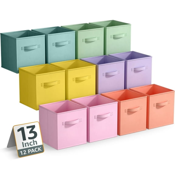 Sorbus 13 Inch Storage Bins - Sturdy Collapsible Fabric Storage Cubes with Handle - 12 Foldable Baskets for Organizing Clothes, Toys, Books, Shelves, Kids Room, Closets, Pastel Multi Color