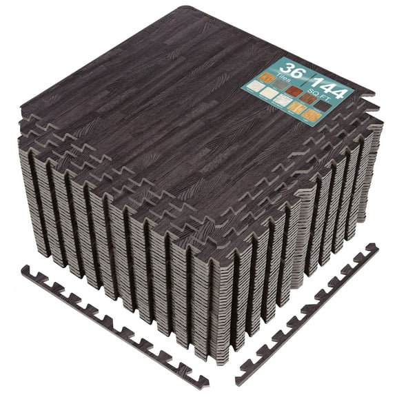 Sorbus 144 Sq. Ft. Carbon Wood Grain Foam Interlocking Floor Tiles 3/8-Inch Thick 36 pcs w/ Borders