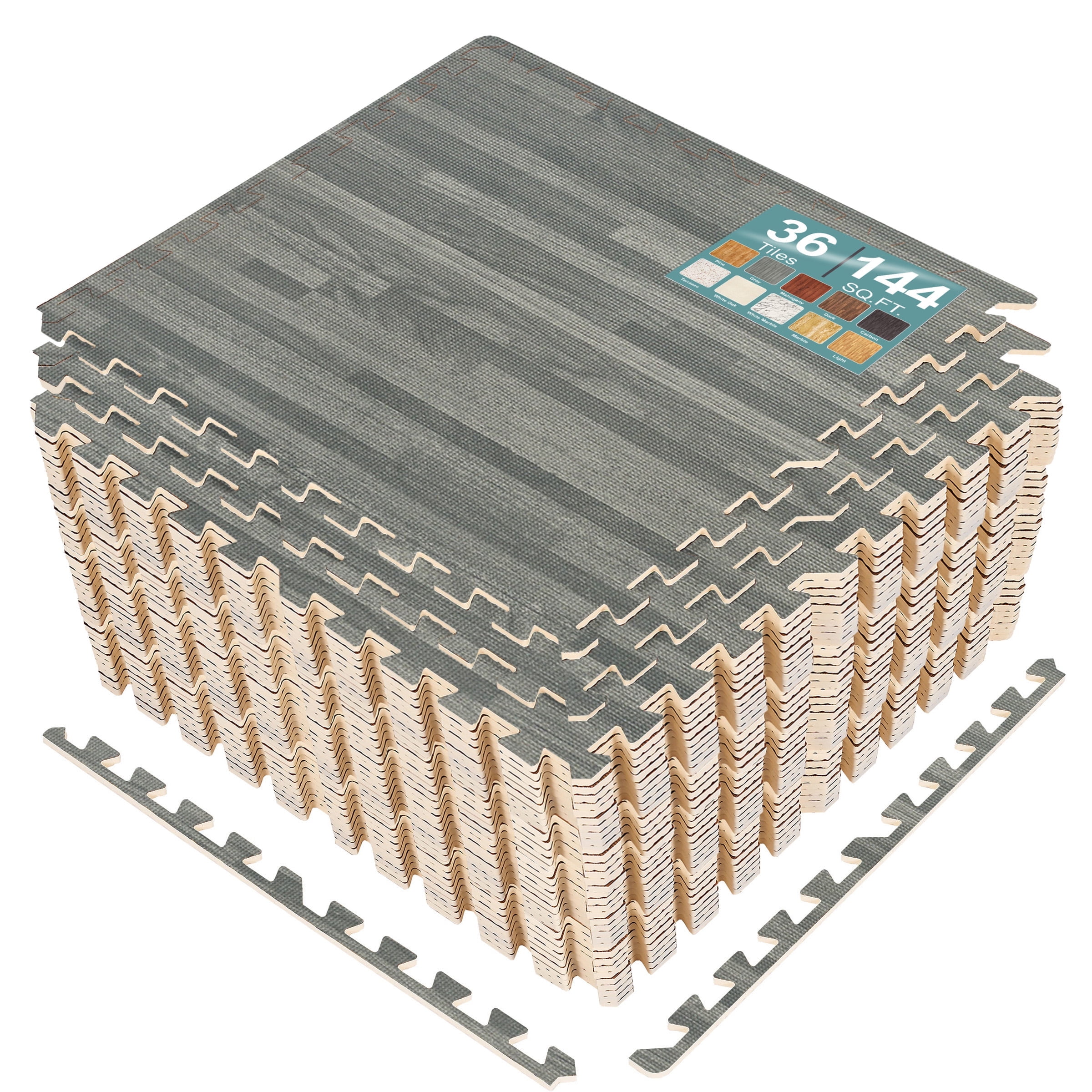 Sorbus 144 Sq. Ft. Gray Wood Grain Foam Interlocking Floor Tiles 3/8 ...