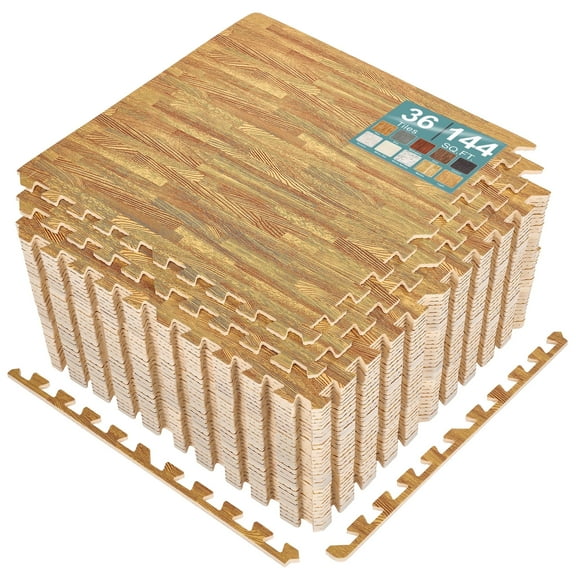 Sorbus 144 Sq. Ft. Light Wood Grain Foam Interlocking Floor Tiles 3/8-Inch Thick 36 pcs w/ Borders