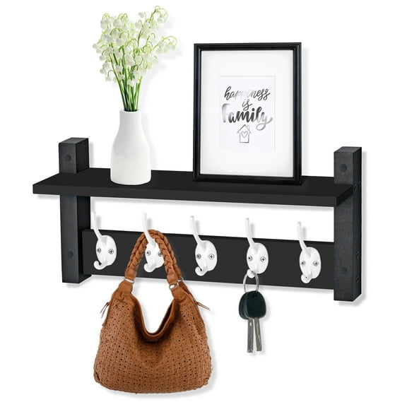 Sorbus Black Wall Mount Coat Rack with Shelf and 5 Heavy-Duty Hooks, 15.75"