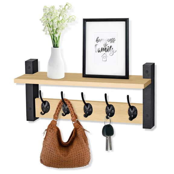 Sorbus Maple Wood Wall Mount Coat Rack with Shelf and 5 Heavy-Duty Hooks, 15.75"
