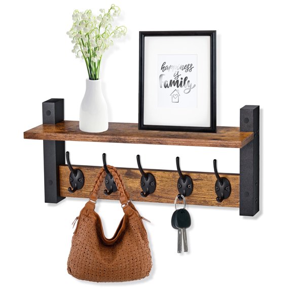 Sorbus Rustic Brown Wall Mount Coat Rack with Shelf and 5 Heavy-Duty Hooks, 15.75"