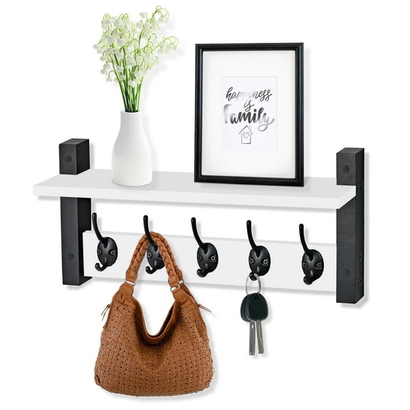 Sorbus White Wall Mount Coat Rack with Shelf and 5 Heavy-Duty Hooks, 15.75"