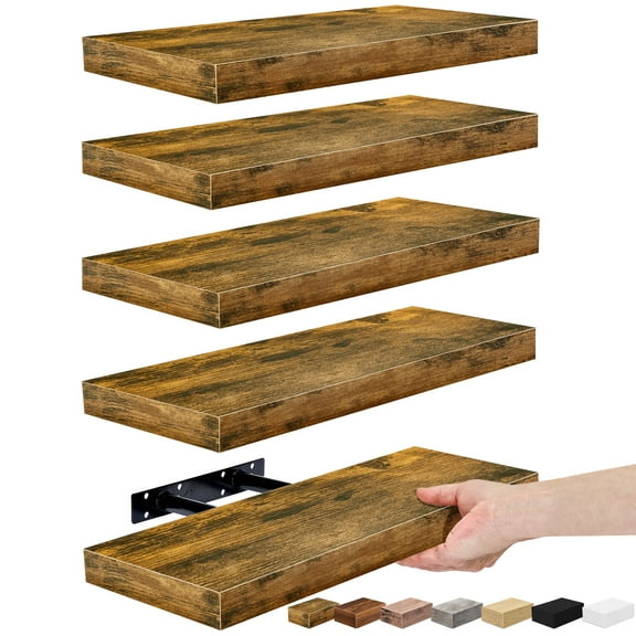 Sorbus 16.25" Brown Rustic Floating Shelves (Set of 5) – Wall Storage for Décor, Frames, Trophies